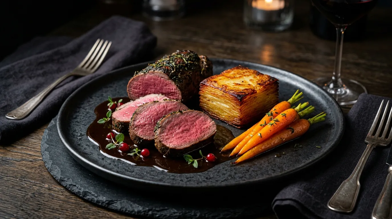 Hazenrug | 100-Layer Potato Pavé | Geroosterde Bospeen | Wildjus — hero afbeelding