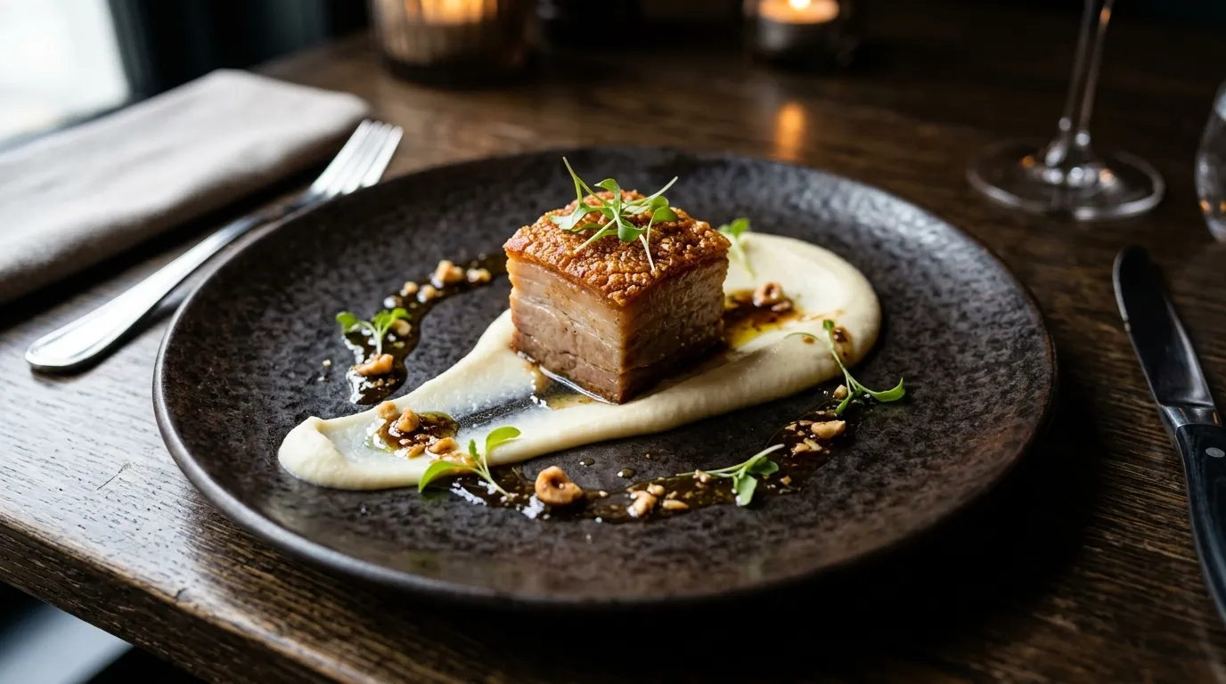 Langzaam gegaard Buikspek | Bloemkoolcrème | Hazelnootvinaigrette — hero afbeelding