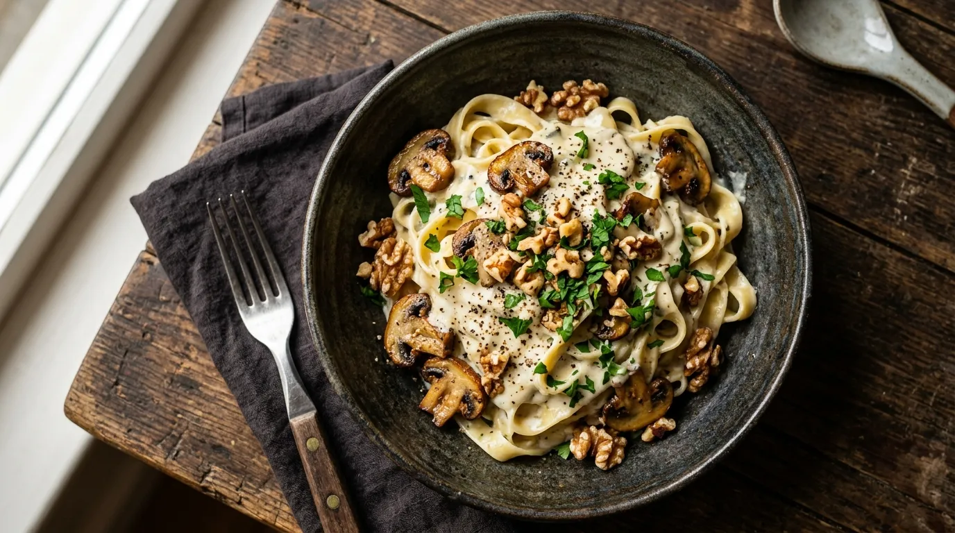 Snelle Pasta met Kastanjechampignons & Blauwe Kaas — hero afbeelding